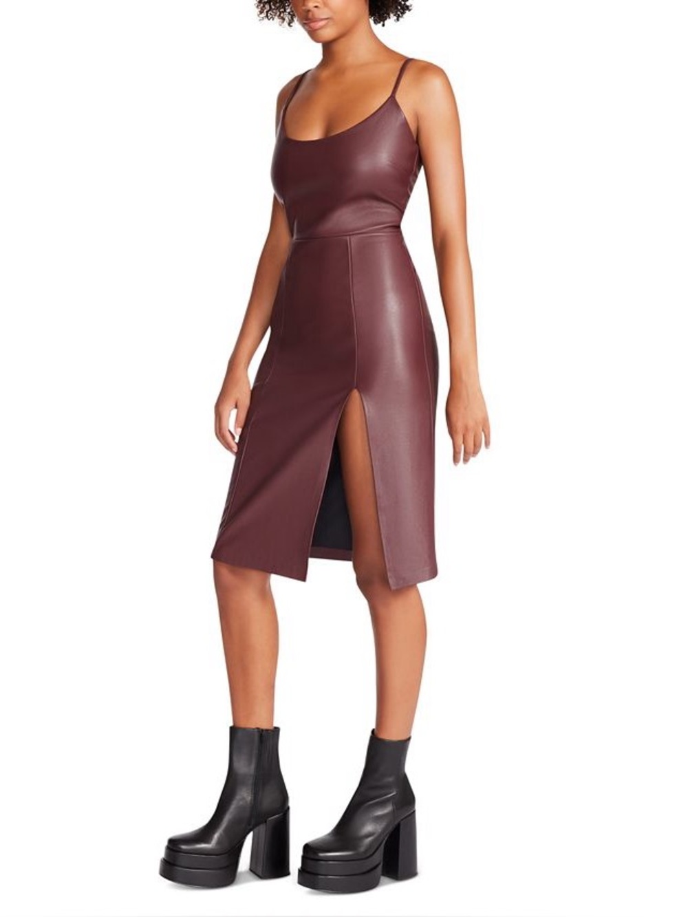 Steve Madden Burgundy Faux-Leather Midi Dress with Front Slit
